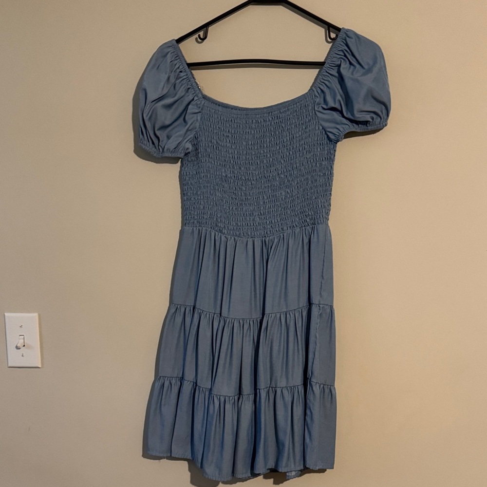 Blue Smocked Puff Sleeve Dress